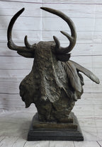 Native American Indian Chief in Antler Headdress Bronze Statue Sculpture Decor on Marble Base