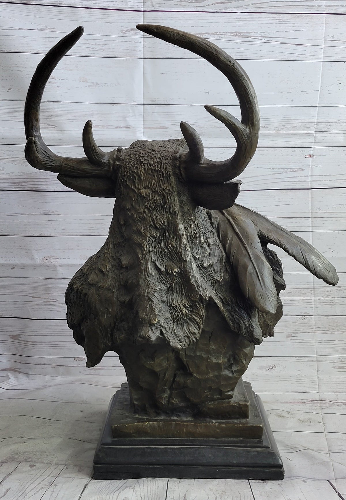 Native American Indian Chief in Antler Headdress Bronze Statue Sculpture Decor on Marble Base