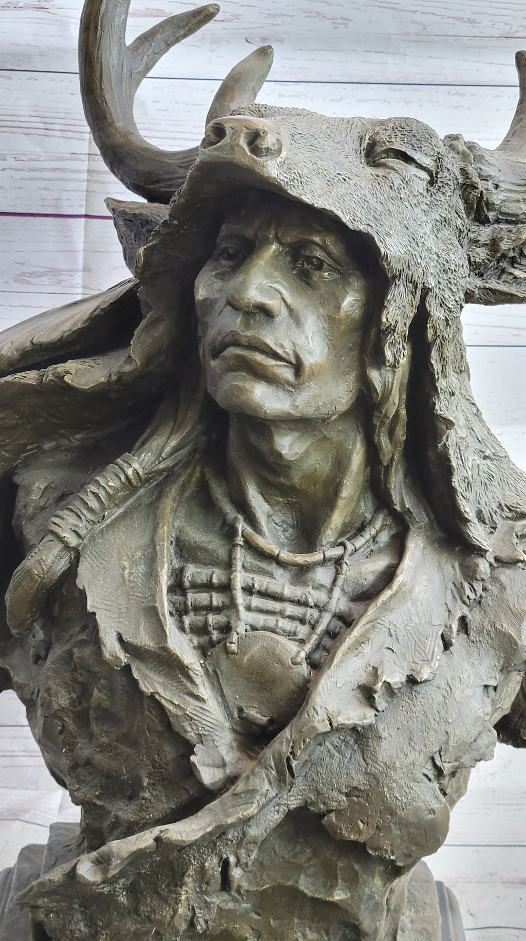 Native American Indian Chief in Antler Headdress Bronze Statue Sculpture Decor on Marble Base