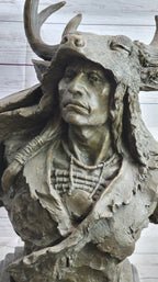 Native American Indian Chief in Antler Headdress Bronze Statue Sculpture Decor on Marble Base