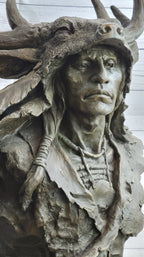 Native American Indian Chief in Antler Headdress Bronze Statue Sculpture Decor on Marble Base