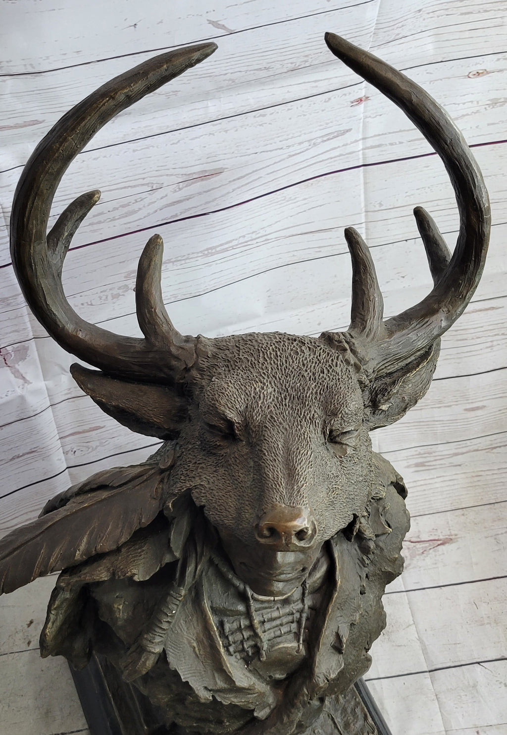 Native American Indian Chief in Antler Headdress Bronze Statue Sculpture Decor on Marble Base