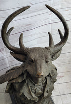 Native American Indian Chief in Antler Headdress Bronze Statue Sculpture Decor on Marble Base