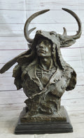 Native American Indian Chief in Antler Headdress Bronze Statue Sculpture Decor on Marble Base