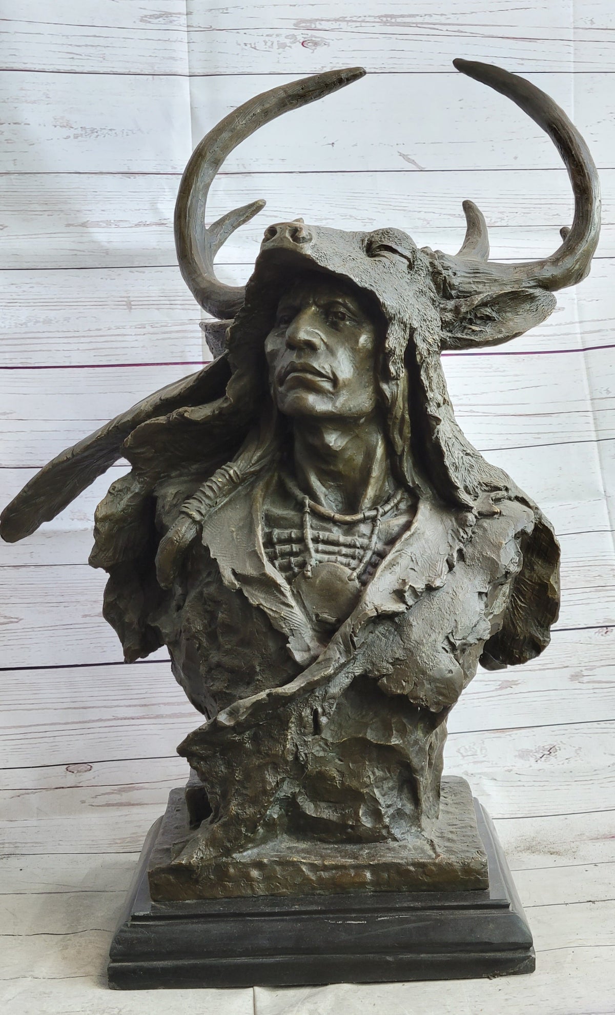 Native American Indian Chief in Antler Headdress Bronze Statue Sculpture Decor on Marble Base