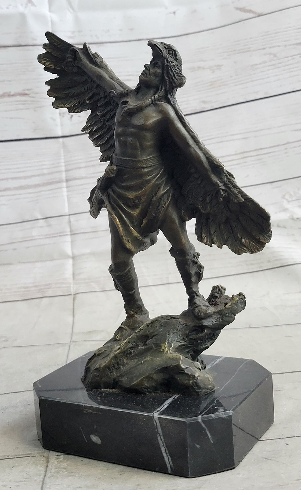 Native American Indian Eagle Dancer Shaman Medicine Man Bronze Sculpture Statue Marble Base