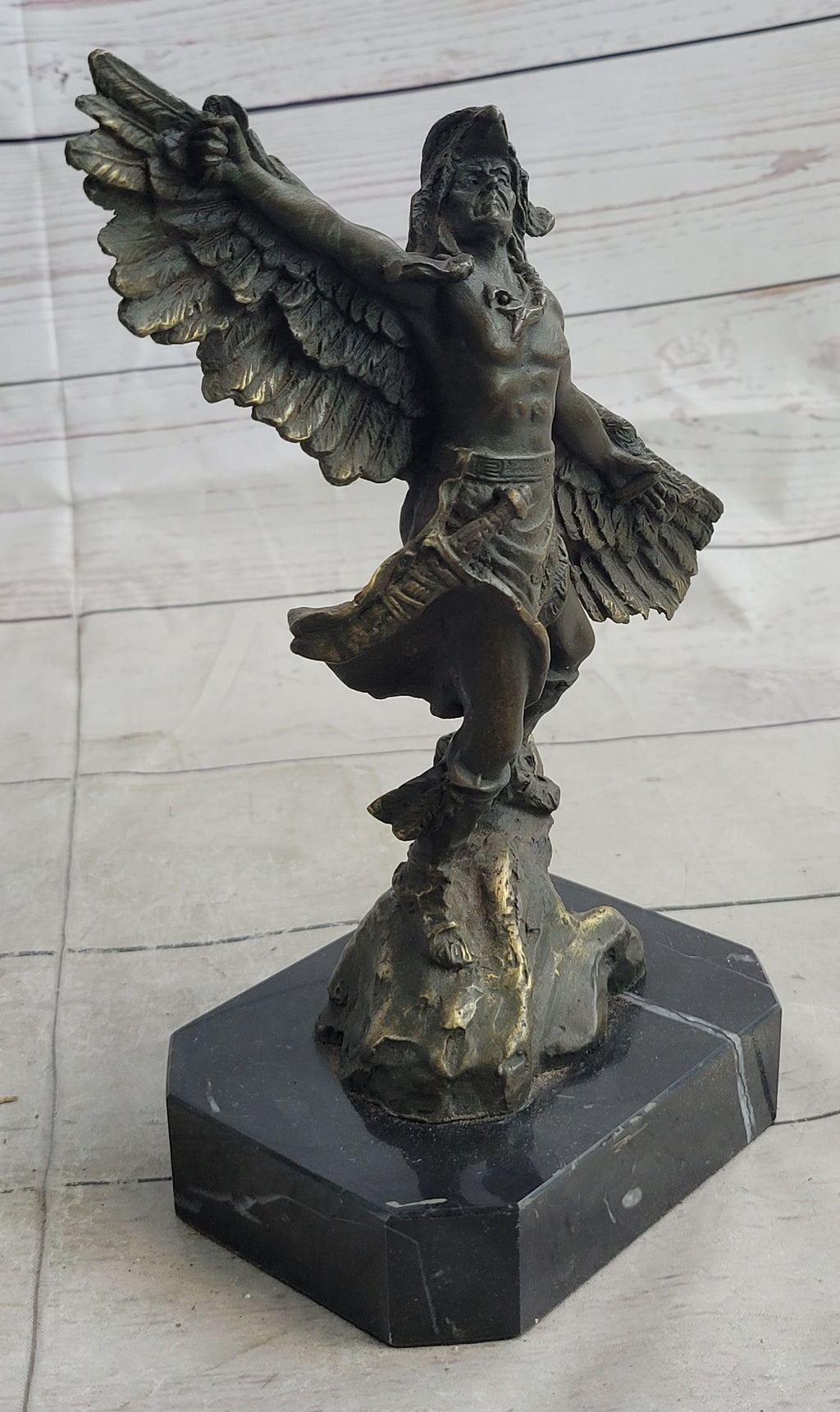 Native American Indian Eagle Dancer Shaman Medicine Man Bronze Sculpture Statue Marble Base