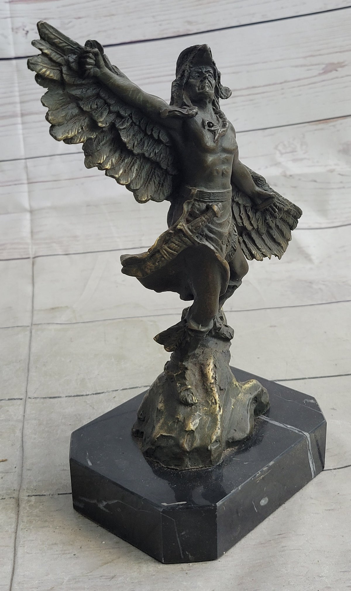 Native American Indian Eagle Dancer Shaman Medicine Man Bronze Sculpture Statue Marble Base