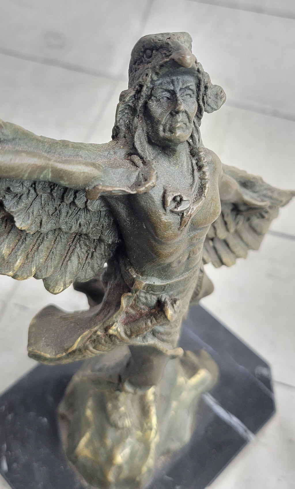 Native American Indian Eagle Dancer Shaman Medicine Man Bronze Sculpture Statue Marble Base