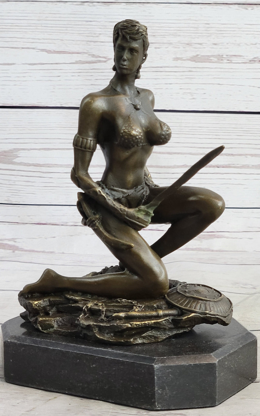 Xena Warrior Amazon Fantasy Girl Bronze Sculpture Statue Figure on Marble Base