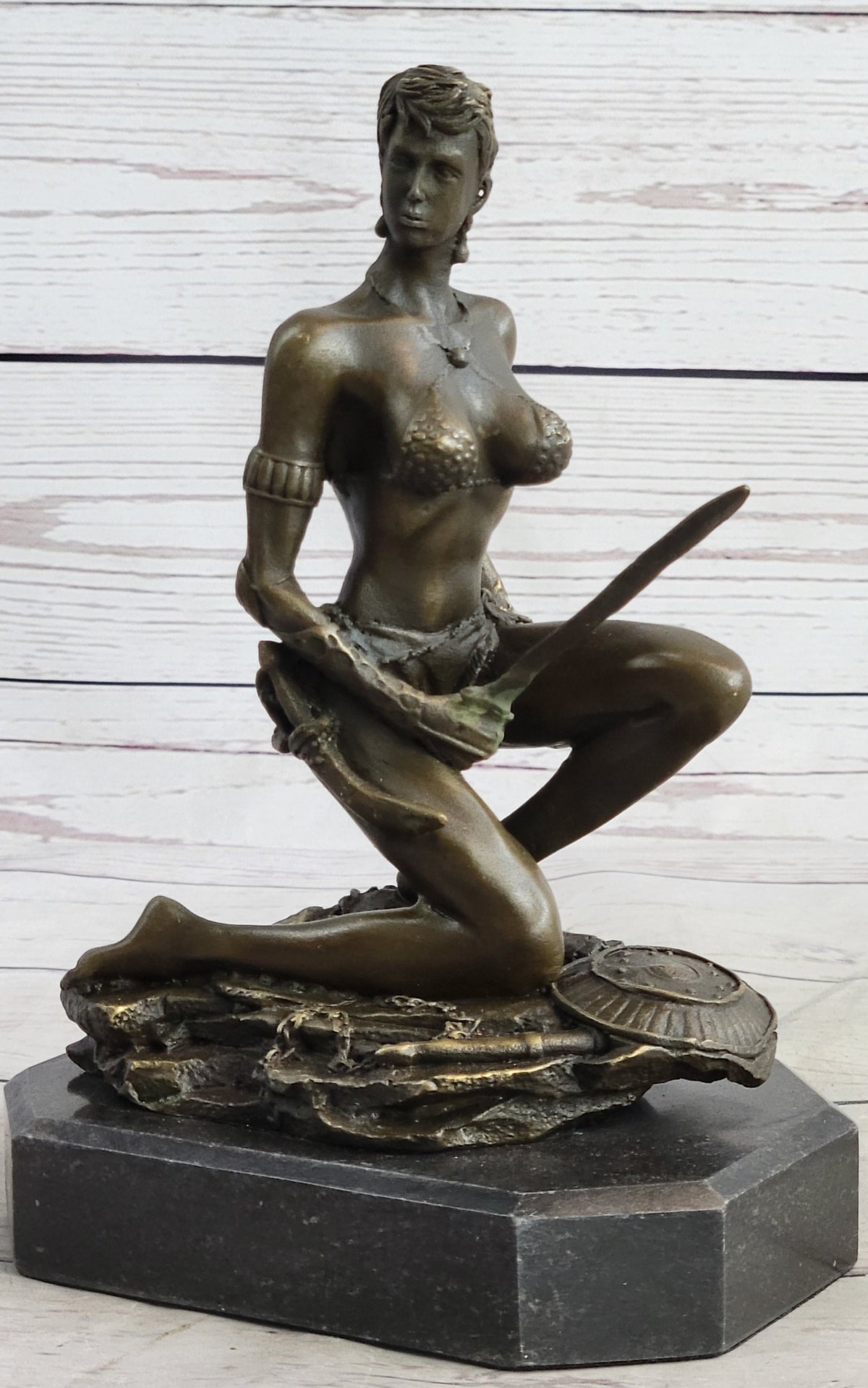 Xena Warrior Amazon Fantasy Girl Bronze Sculpture Statue Figure on Marble Base