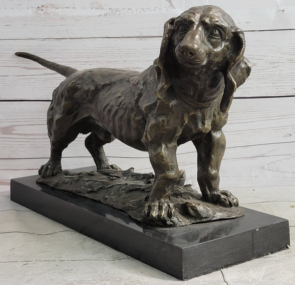 Basset Hound Dog Figure Art Deco Bronze Sculpture on Marble Base Figurine Gift
