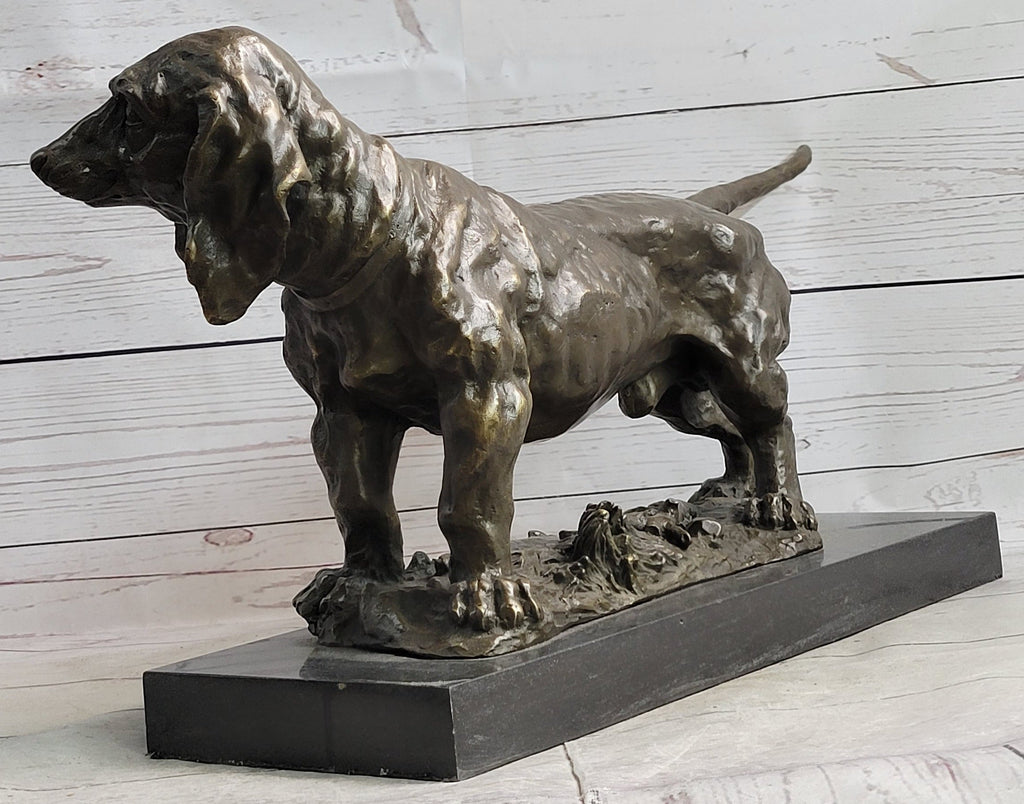 Basset Hound Dog Figure Art Deco Bronze Sculpture on Marble Base Figurine Gift