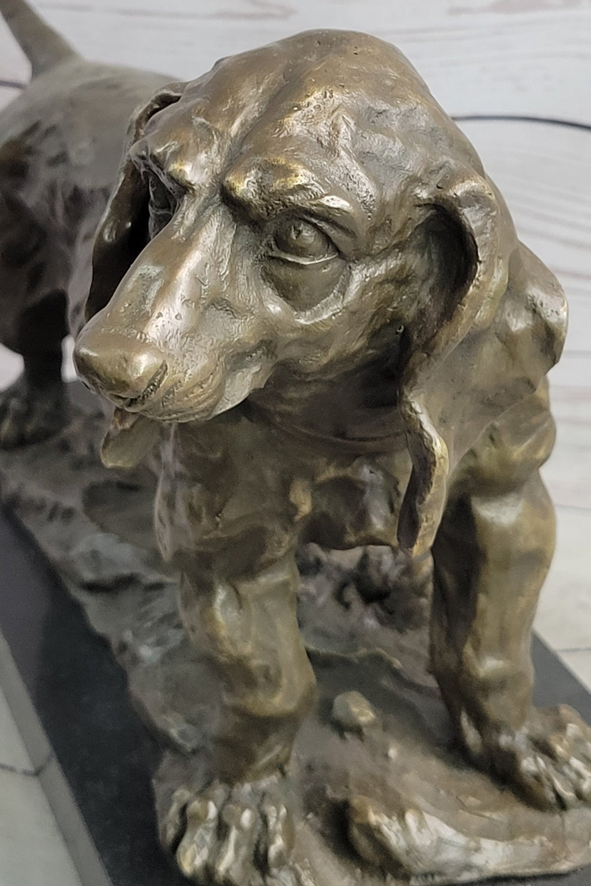 Basset Hound Dog Figure Art Deco Bronze Sculpture on Marble Base Figurine Gift