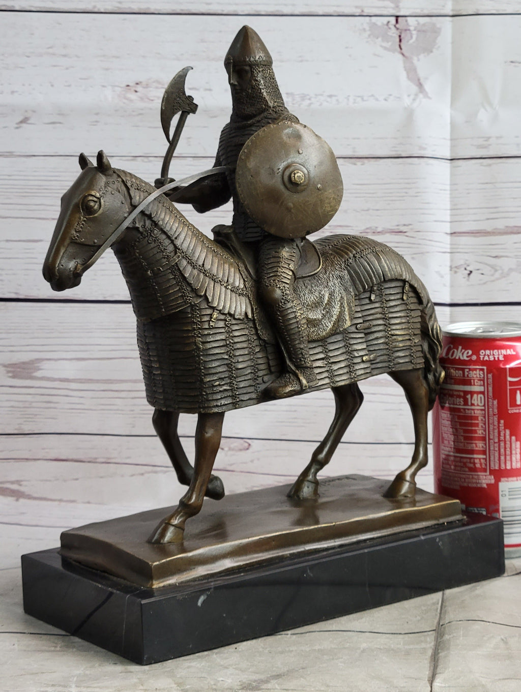 Medieval European Warrior Knight on Horseback Bronze Sculpture Statue on Marble Base