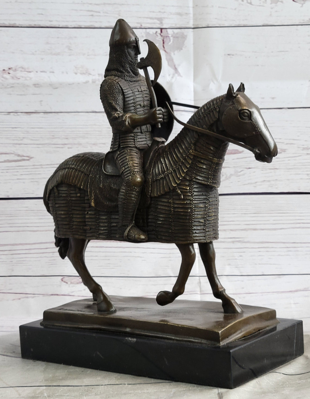 Medieval European Warrior Knight on Horseback Bronze Sculpture Statue on Marble Base