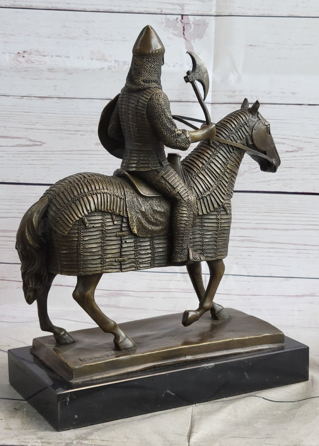 Medieval European Warrior Knight on Horseback Bronze Sculpture Statue on Marble Base