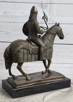 Medieval European Warrior Knight on Horseback Bronze Sculpture Statue on Marble Base