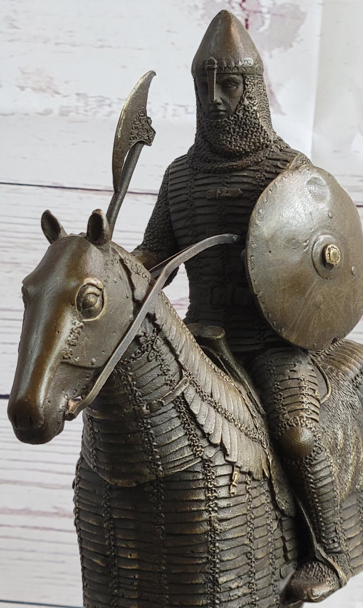 Medieval European Warrior Knight on Horseback Bronze Sculpture Statue on Marble Base