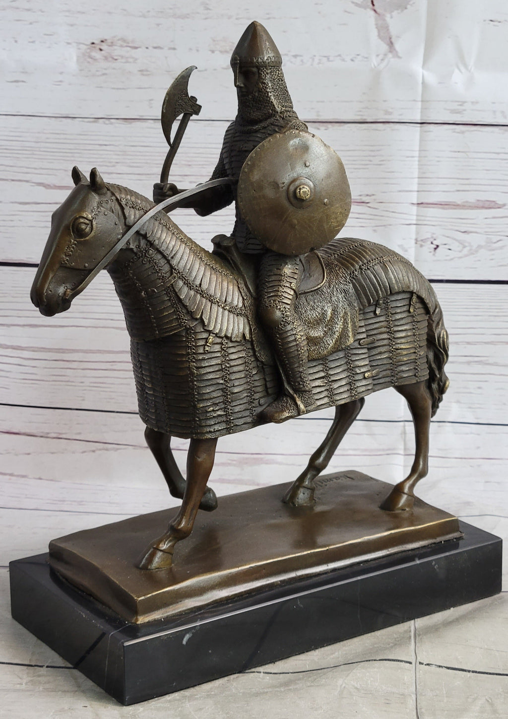 Medieval European Warrior Knight on Horseback Bronze Sculpture Statue on Marble Base