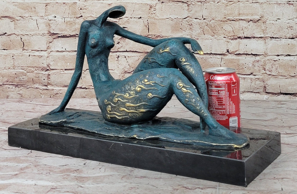 Abstract Reclining Woman Bronze Sculpture with Blue Patina on Marble Base