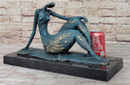 Abstract Reclining Woman Bronze Sculpture with Blue Patina on Marble Base