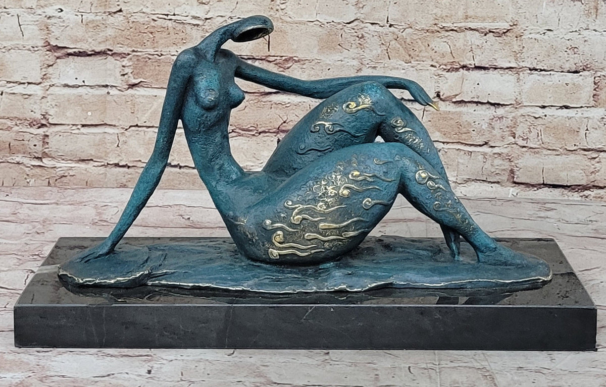 Abstract Reclining Woman Bronze Sculpture with Blue Patina on Marble Base