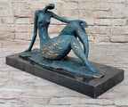 Abstract Reclining Woman Bronze Sculpture with Blue Patina on Marble Base