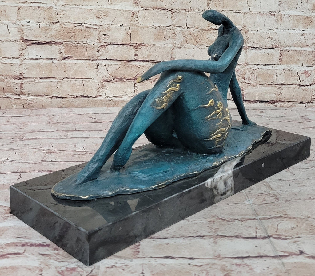 Abstract Reclining Woman Bronze Sculpture with Blue Patina on Marble Base
