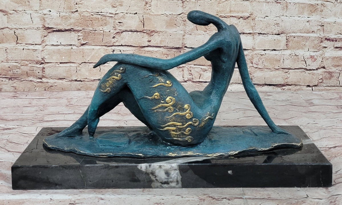 Abstract Reclining Woman Bronze Sculpture with Blue Patina on Marble Base