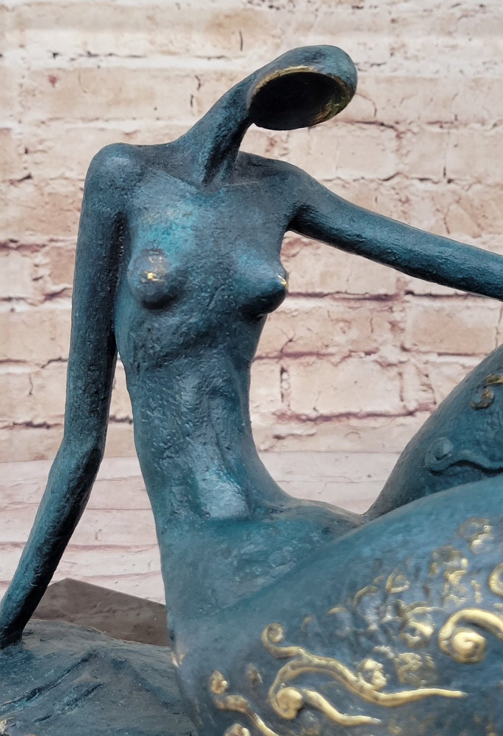Abstract Reclining Woman Bronze Sculpture with Blue Patina on Marble Base