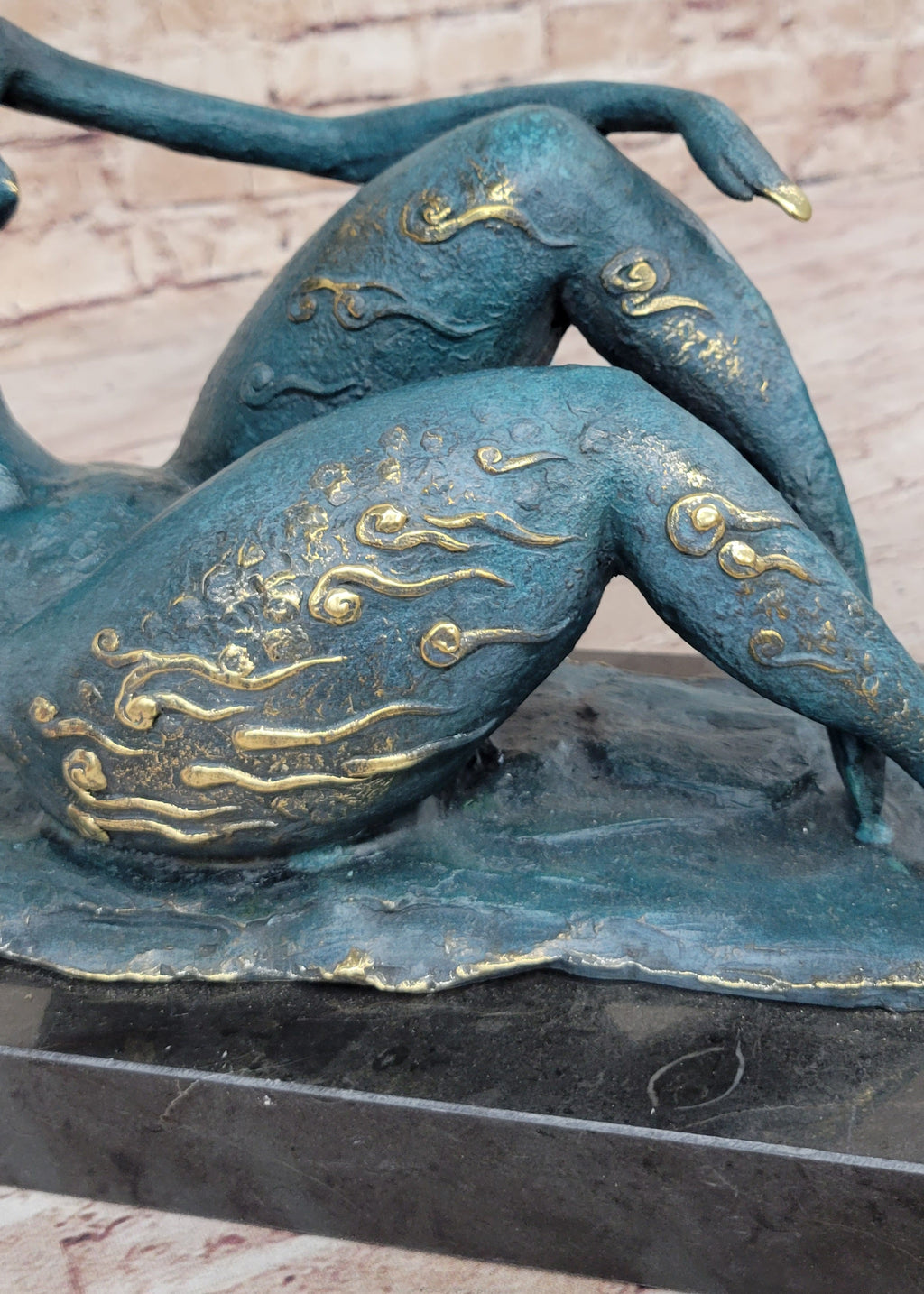 Abstract Reclining Woman Bronze Sculpture with Blue Patina on Marble Base