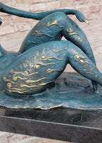 Abstract Reclining Woman Bronze Sculpture with Blue Patina on Marble Base