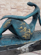 Abstract Reclining Woman Bronze Sculpture with Blue Patina on Marble Base