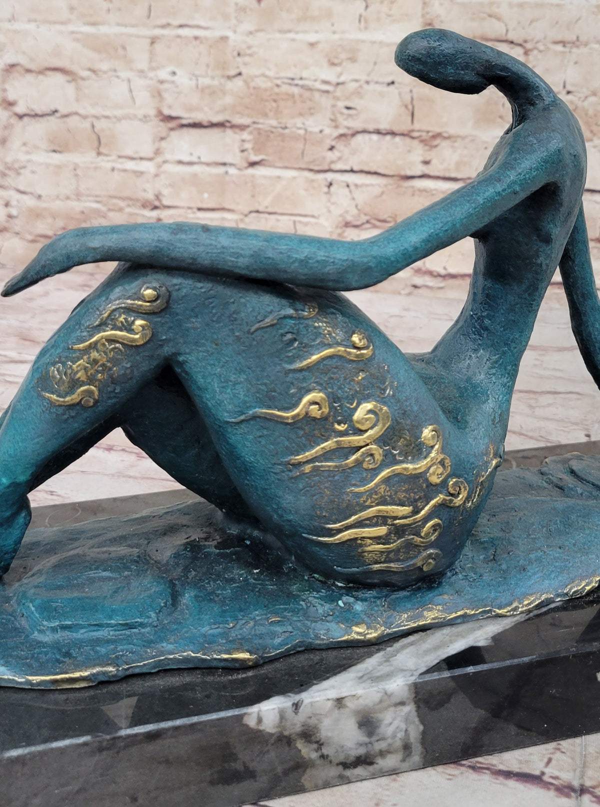 Abstract Reclining Woman Bronze Sculpture with Blue Patina on Marble Base