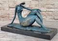 Abstract Reclining Woman Bronze Sculpture with Blue Patina on Marble Base