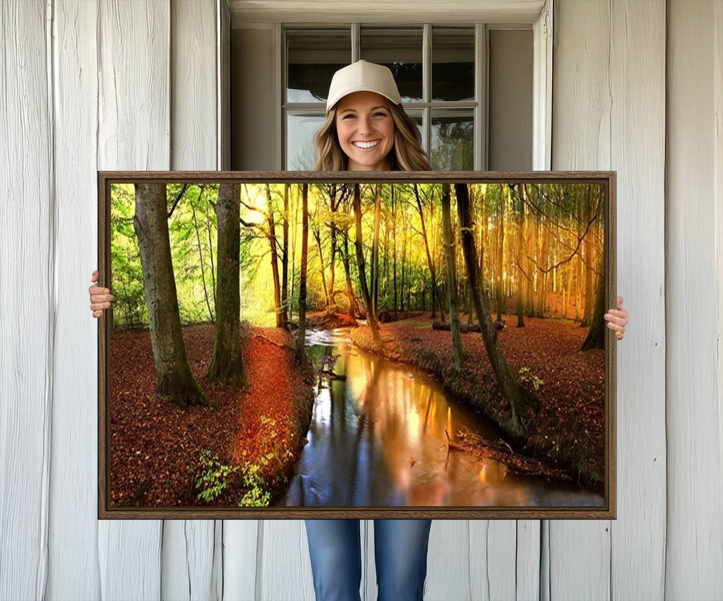 Wall Art Landscape Canvas Print Small River Inside Colorful Forest