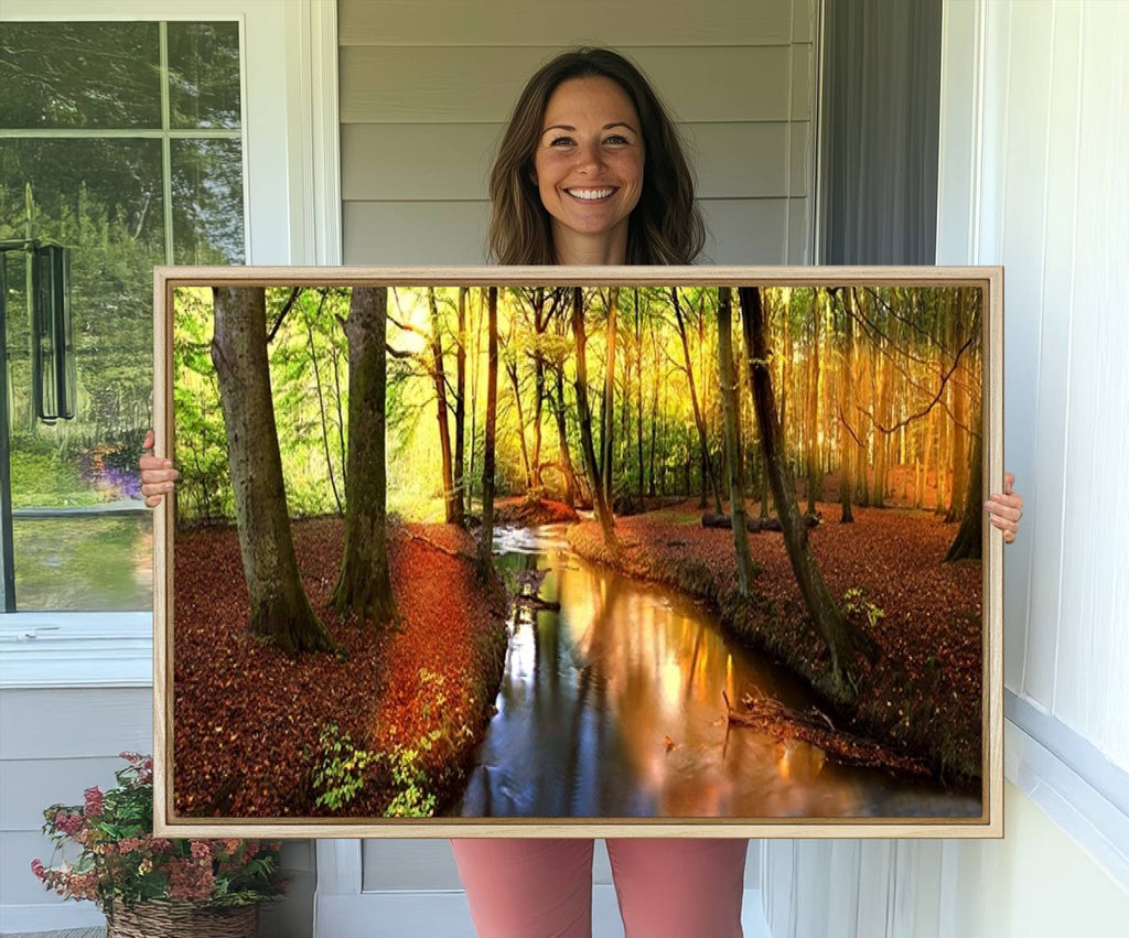 Wall Art Landscape Canvas Print Small River Inside Colorful Forest