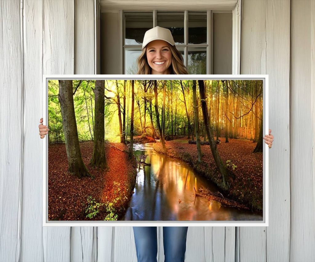 Wall Art Landscape Canvas Print Small River Inside Colorful Forest