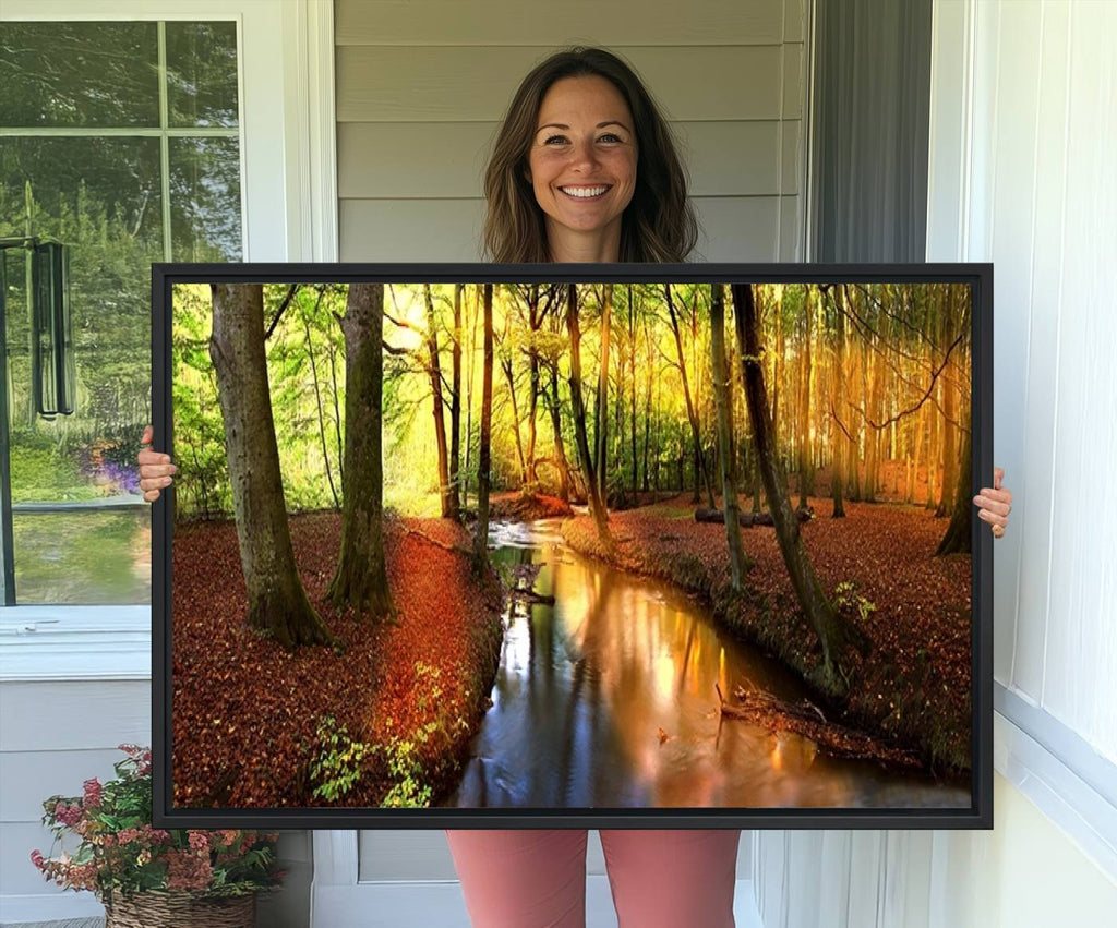Wall Art Landscape Canvas Print Small River Inside Colorful Forest