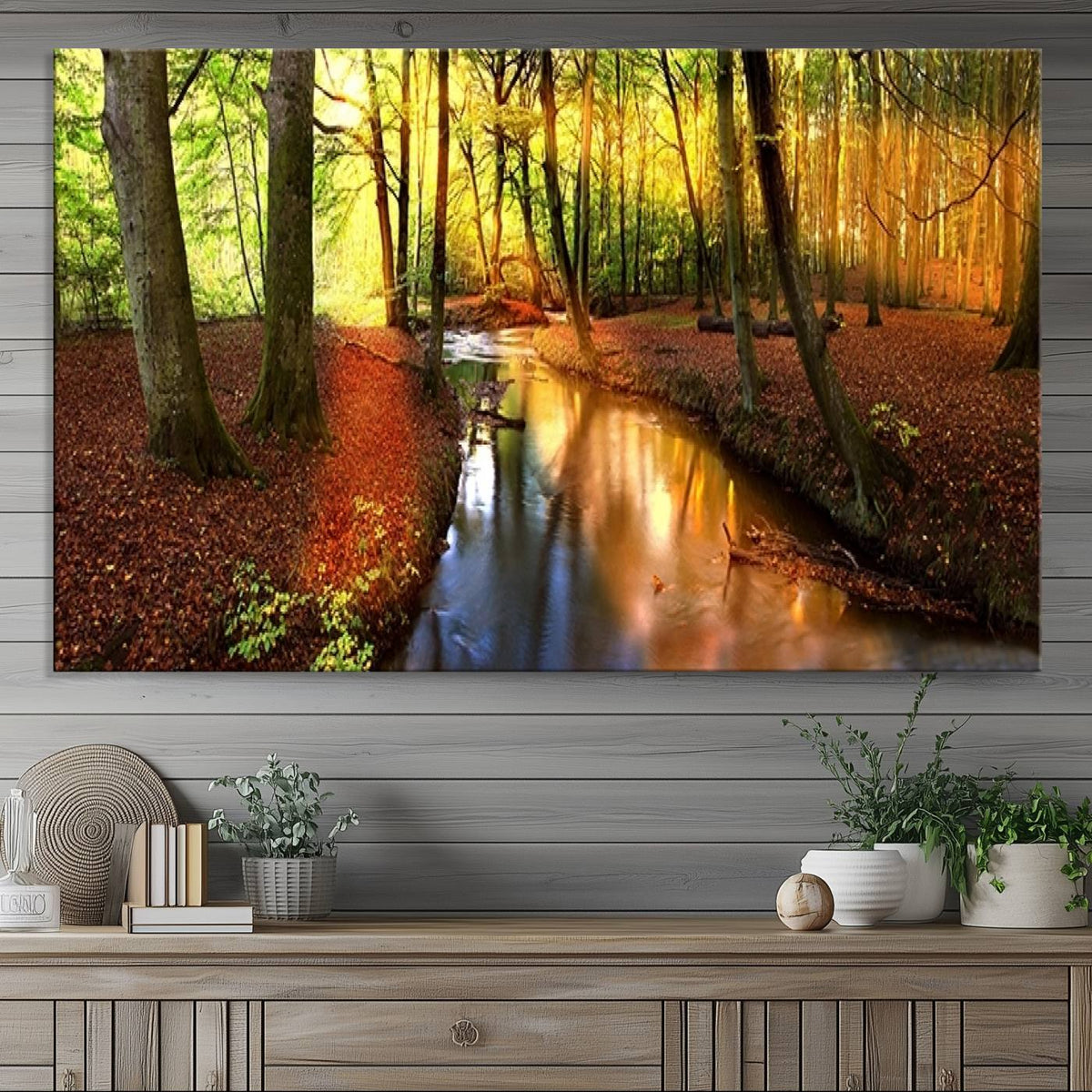 Wall Art Landscape Canvas Print Small River Inside Colorful Forest