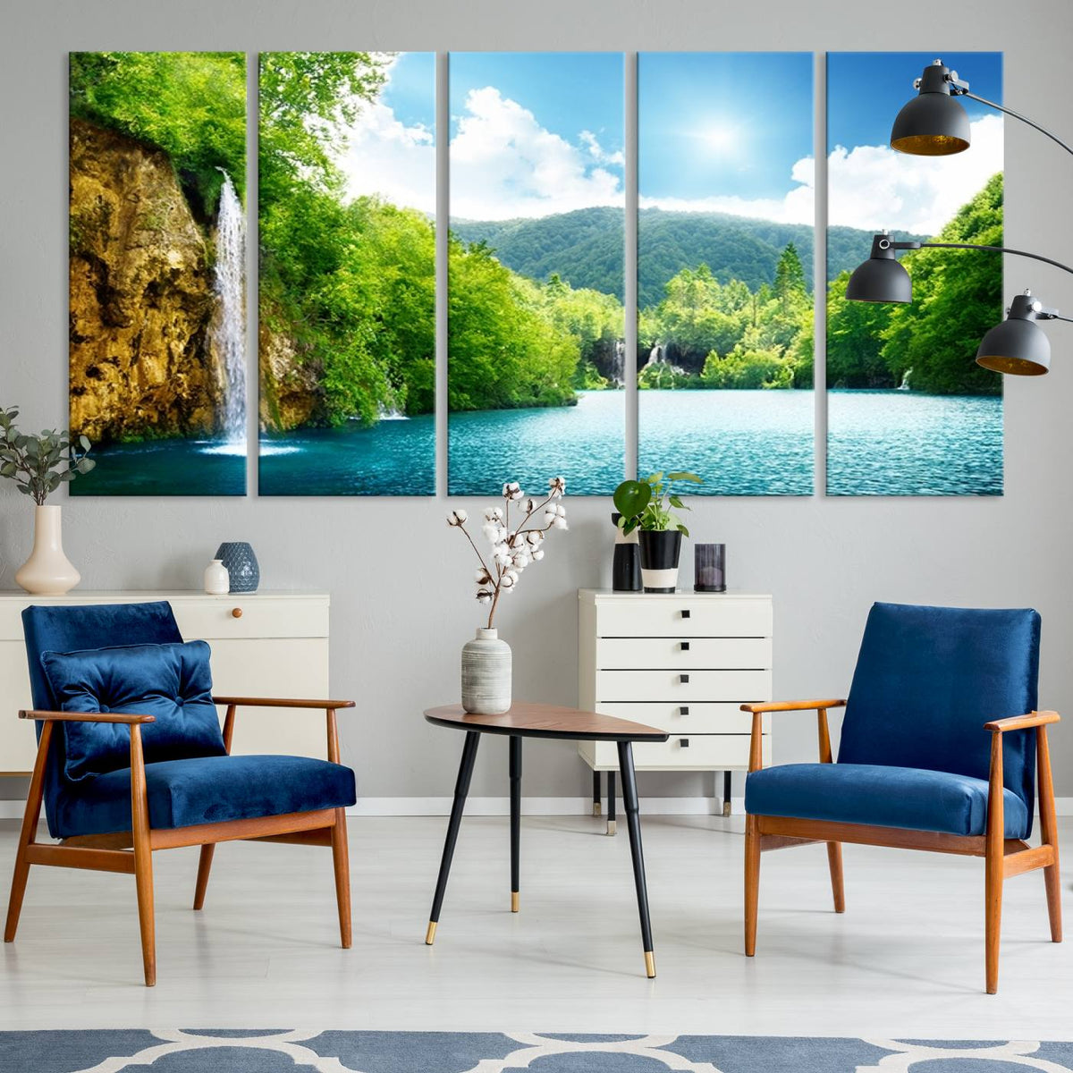 Wall Art Waterfall Canvas Print Big Waterfalls in Forest with Mountain View