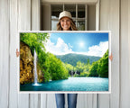 Wall Art Waterfall Canvas Print Big Waterfalls in Forest with Mountain View