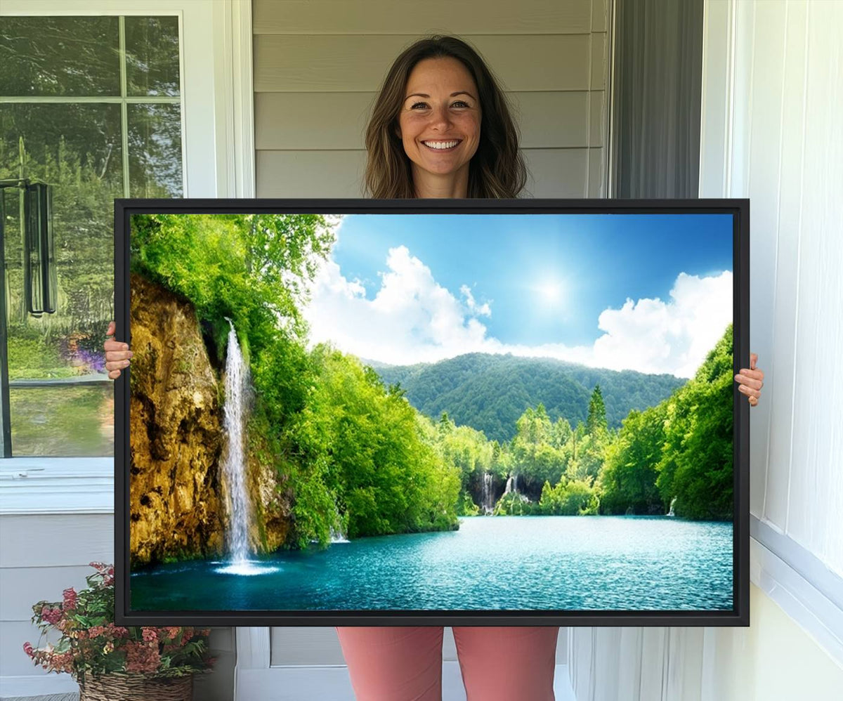 Wall Art Waterfall Canvas Print Big Waterfalls in Forest with Mountain View