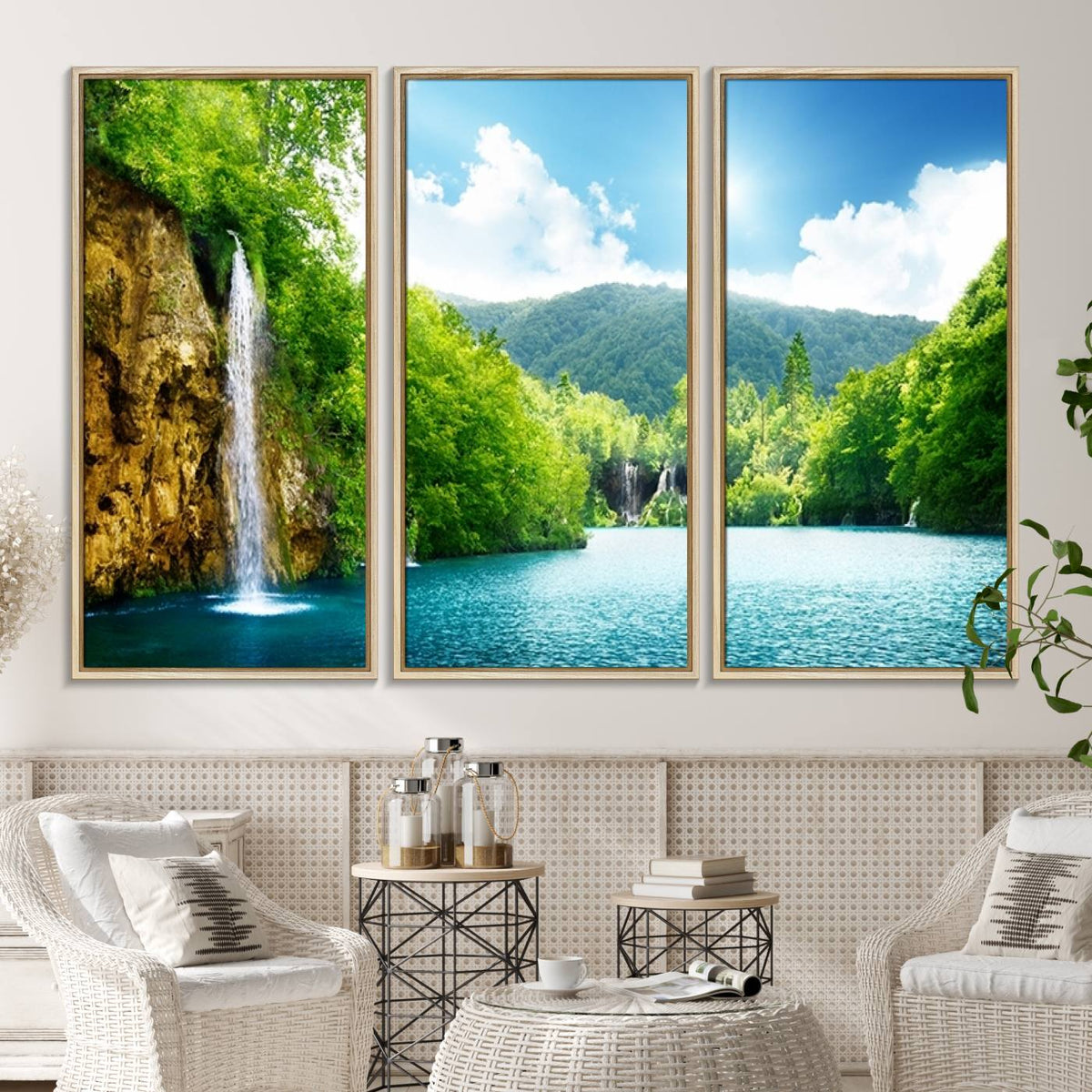 Wall Art Waterfall Canvas Print Big Waterfalls in Forest with Mountain View