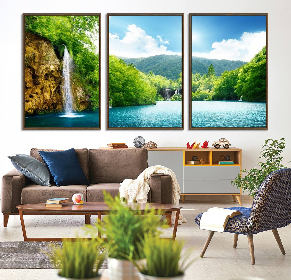 Wall Art Waterfall Canvas Print Big Waterfalls in Forest with Mountain View