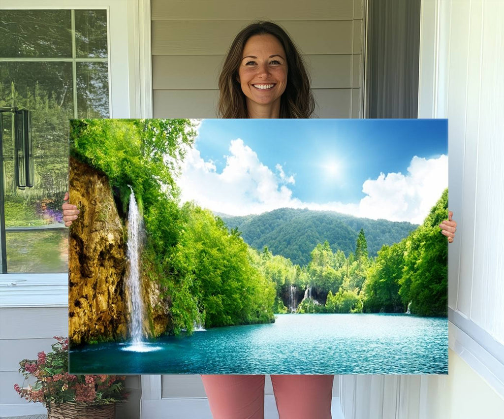 Wall Art Waterfall Canvas Print Big Waterfalls in Forest with Mountain View