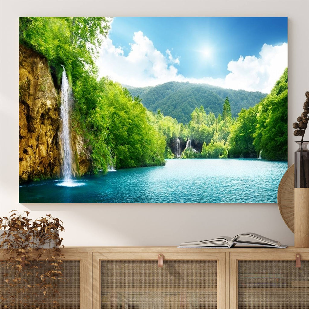 Wall Art Waterfall Canvas Print Big Waterfalls in Forest with Mountain View