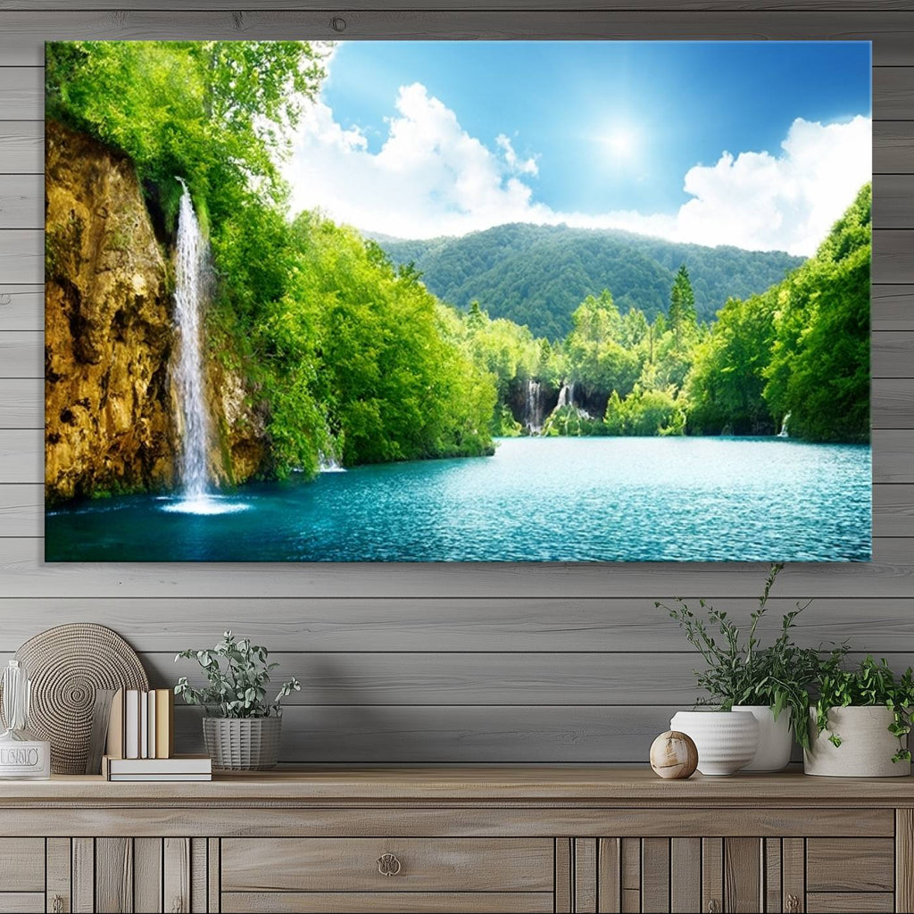 Wall Art Waterfall Canvas Print Big Waterfalls in Forest with Mountain View