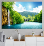 Wall Art Waterfall Canvas Print Big Waterfalls in Forest with Mountain View